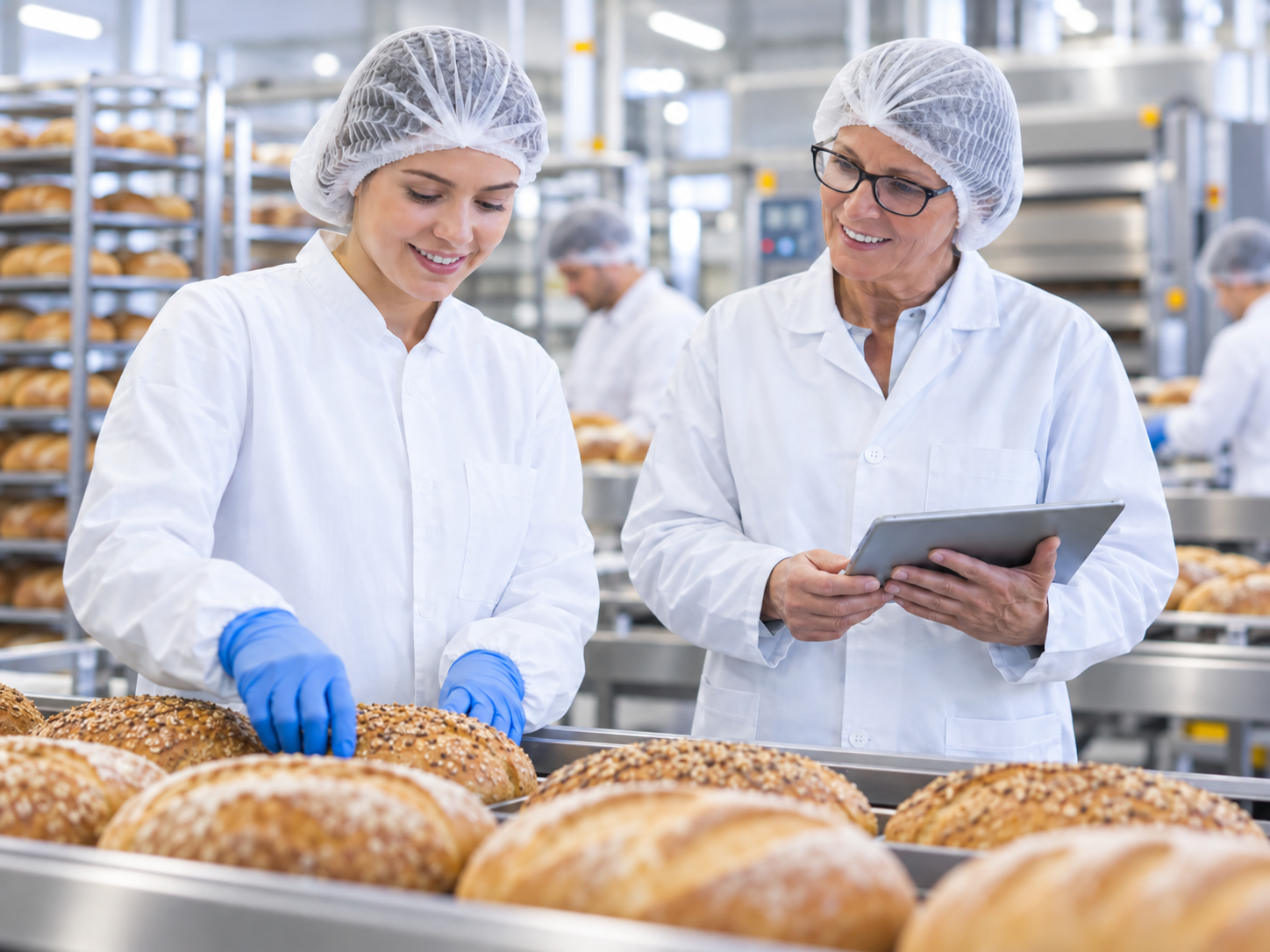 Pracownice w dużym zakładzie produkcji pieczywa podczas kontroli jakości