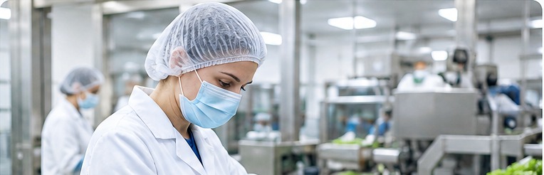 Pracownica w sterylnym zakładzie produkcji spożywczej